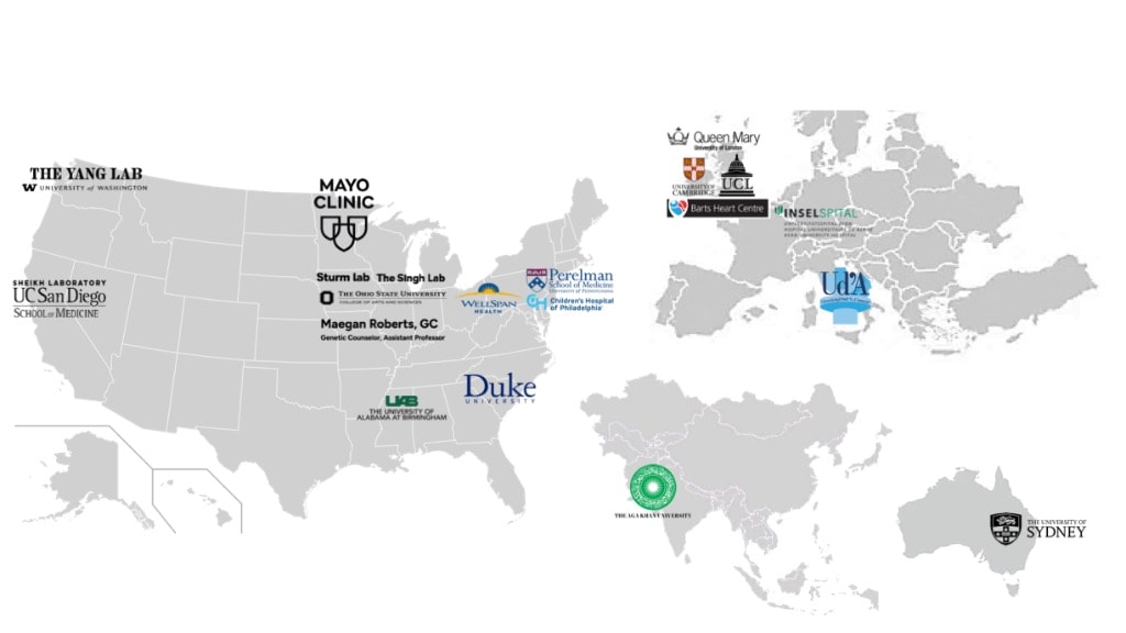 World map showing Chahal Lab institutional collaborators including Mayo Clinic, Duke University, University of Cambridge, UC San Diego, WellSpan Health, Perelman School of Medicine, University of Sydney, and others